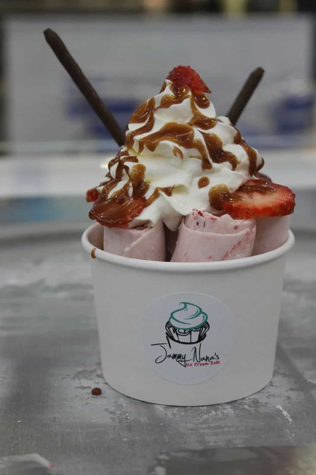 caramel, vanilla, and strawberry ice cream